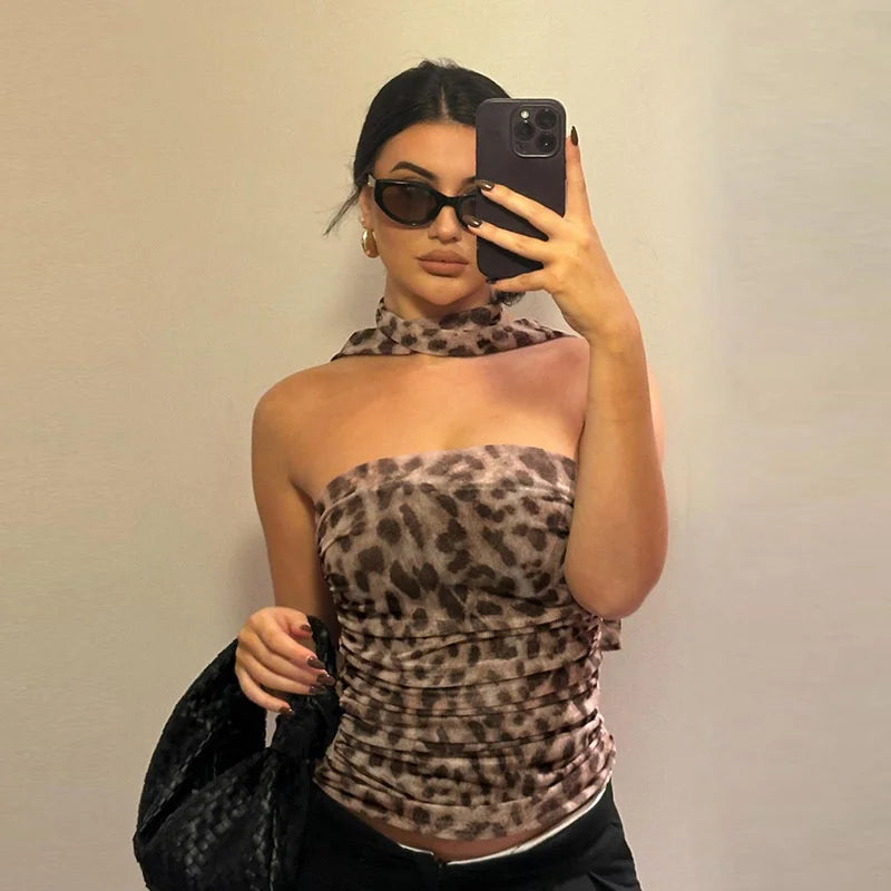 Top Léopard Femme en Tulle – Épaules Dénudées, Bandeau & Encolure Droite – Look Été Sexy