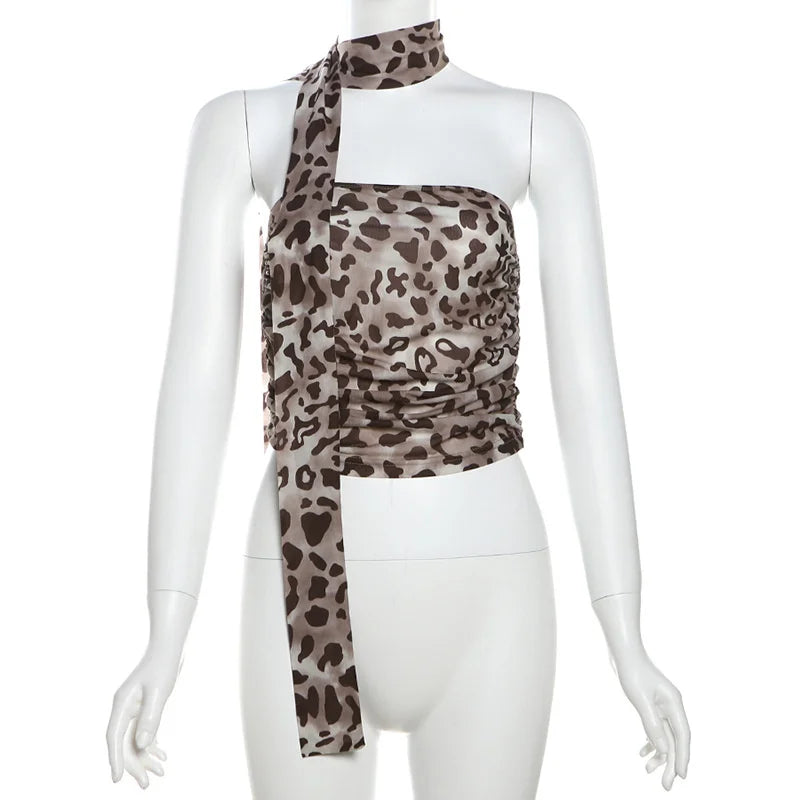 Top Léopard Femme en Tulle – Épaules Dénudées, Bandeau & Encolure Droite – Look Été Sexy