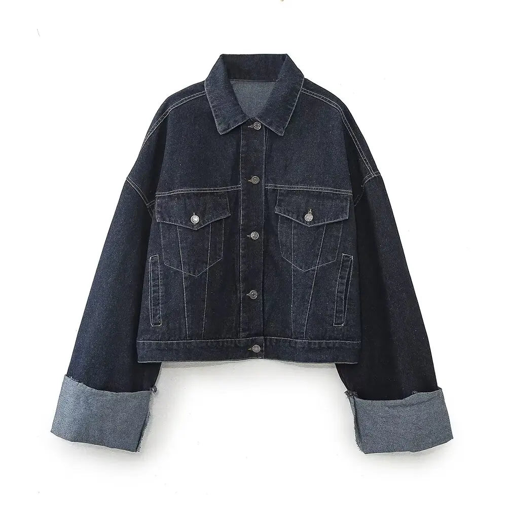 Ensemble en jean pour femme avec veste boutonnée et pantalon à jambes larges