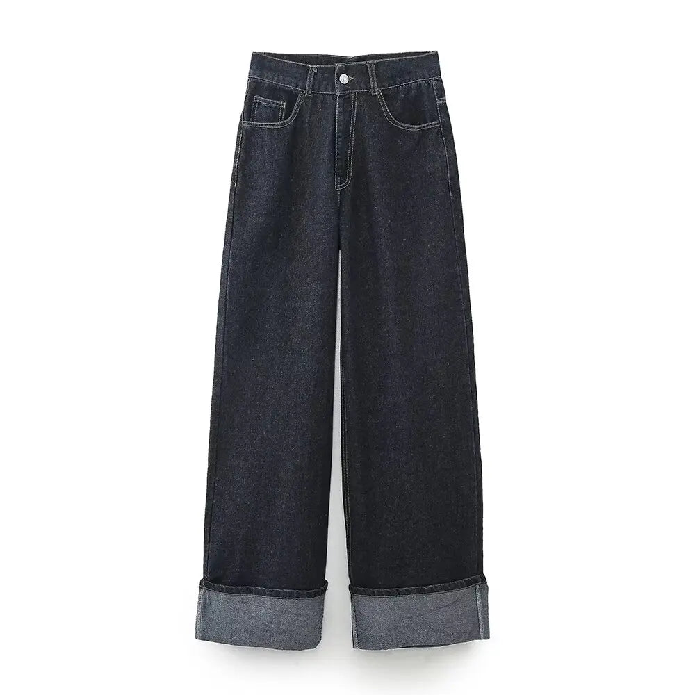 Ensemble en jean pour femme avec veste boutonnée et pantalon à jambes larges