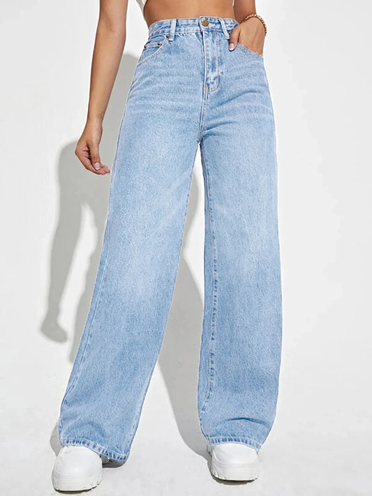 Pantalon en jean à jambes larges pour femme, taille haute
