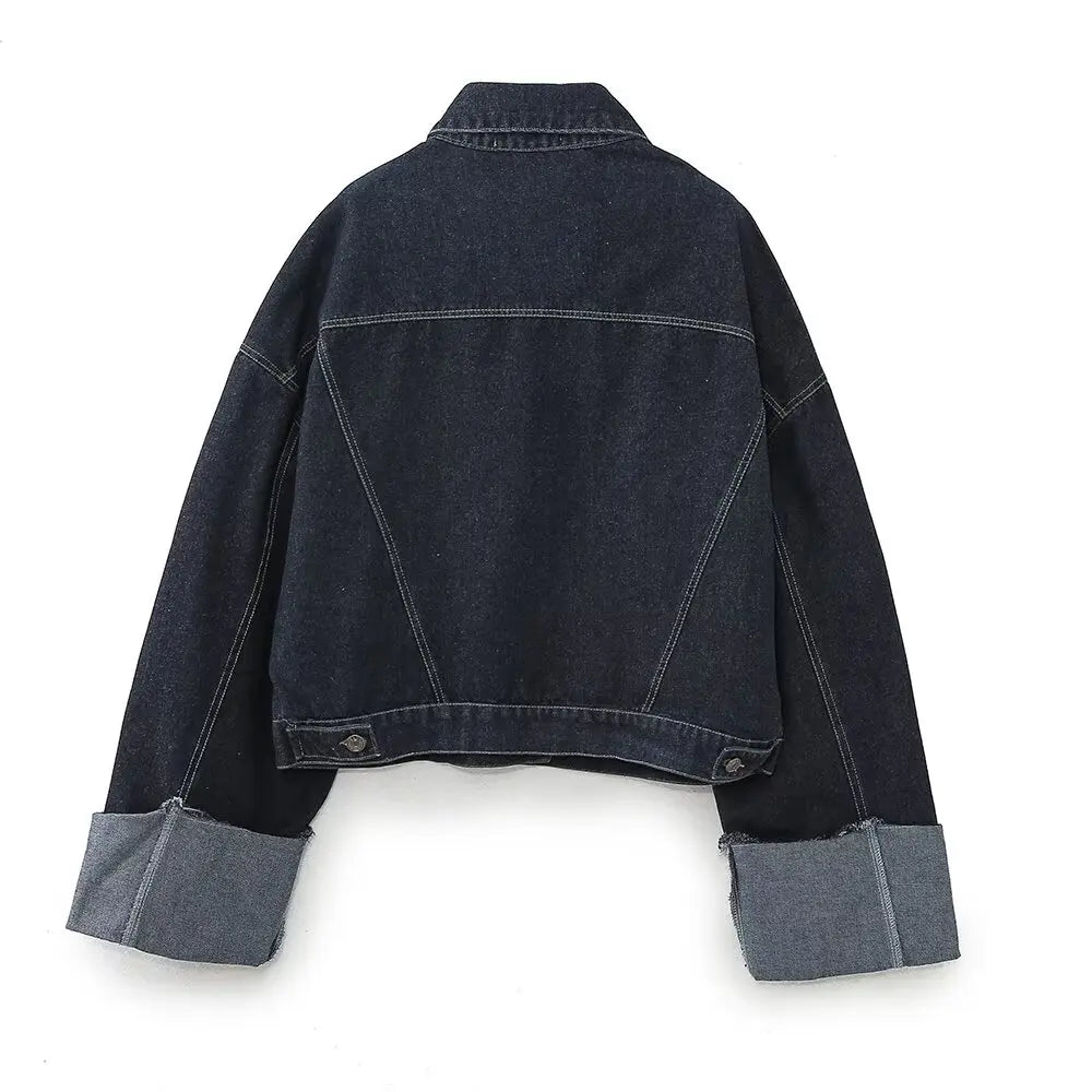 Ensemble en jean pour femme avec veste boutonnée et pantalon à jambes larges