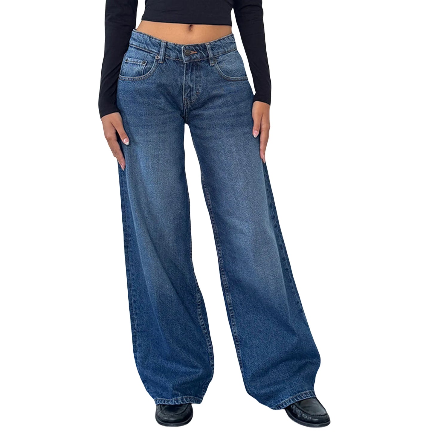 Pantalon en jean ample pour femme, jambes larges, style streetwear.
