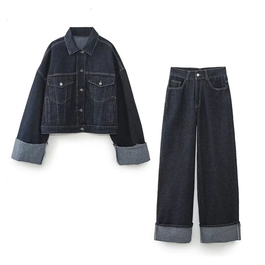 Ensemble en jean pour femme avec veste boutonnée et pantalon à jambes larges