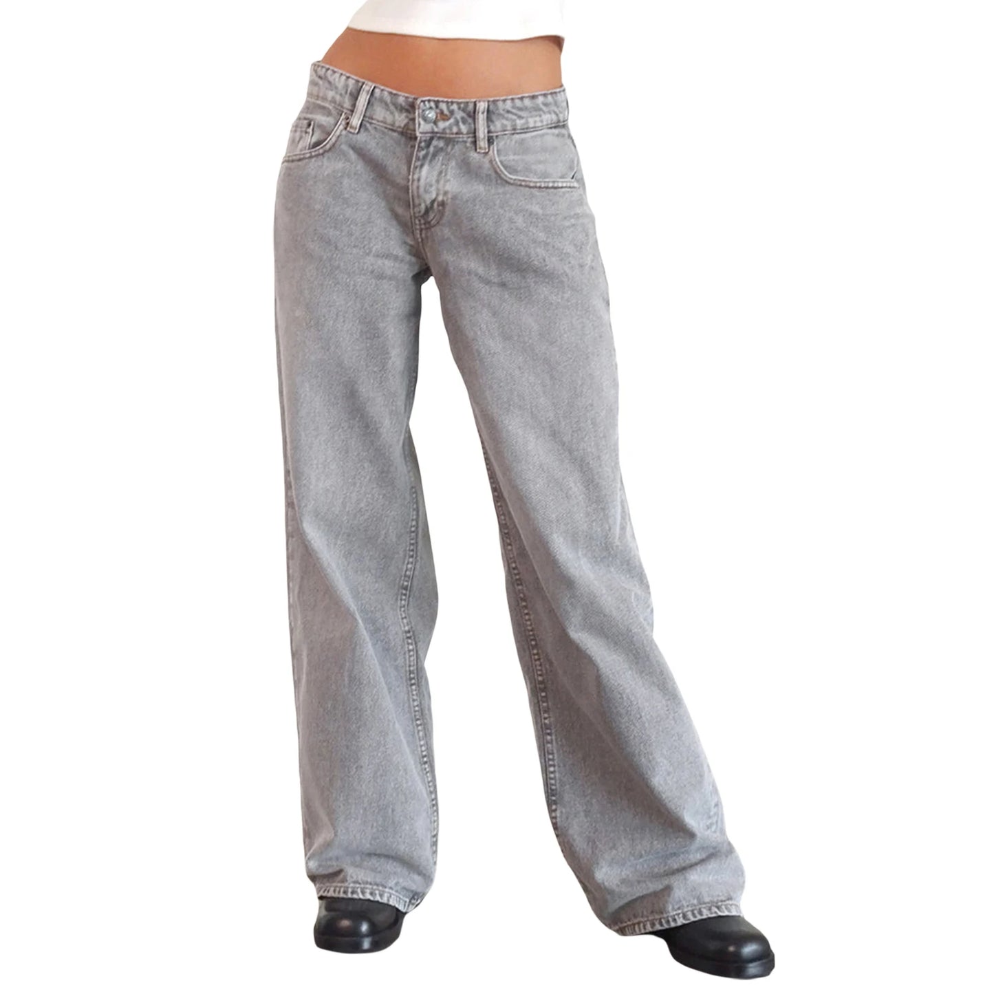 Pantalon en jean ample pour femme, jambes larges, style streetwear.