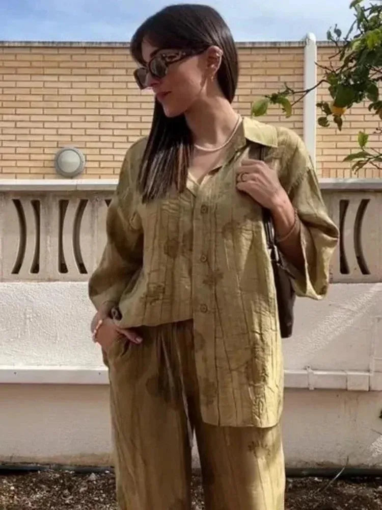 Ensemble pour femme avec chemise jacquard ample et pantalon d'été décontracté