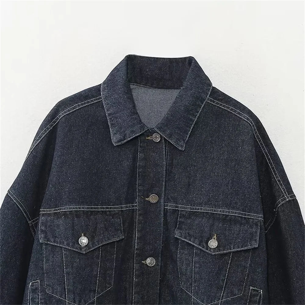 Ensemble en jean pour femme avec veste boutonnée et pantalon à jambes larges