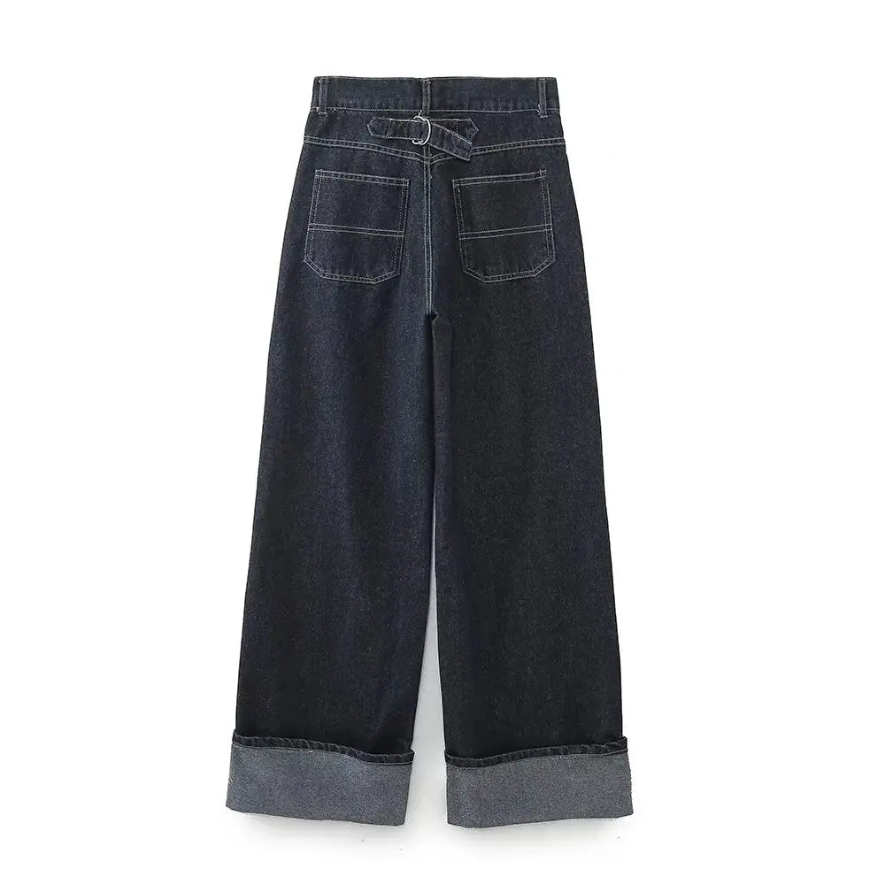 Ensemble en jean pour femme avec veste boutonnée et pantalon à jambes larges